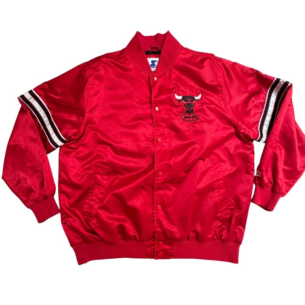 Chicago Bulls Starter Jacket Mens XXL Red Satin Varsity Snap Button Windy City - Picture 3 of 14